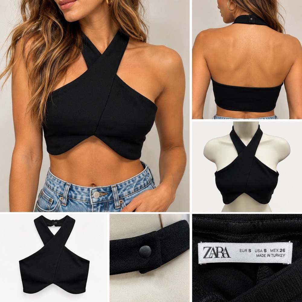 Zara Black Criss Cross Halter Crop Top Open Back Snap Neck Small
